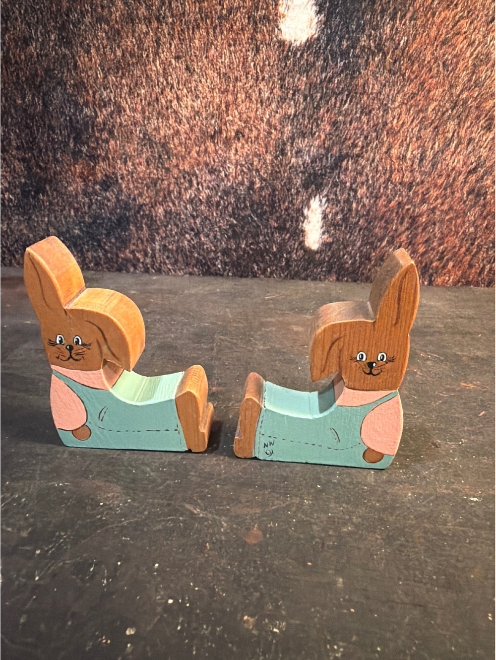 Vintage Handmade Wooden Bunny Bookends in Pastel Colors